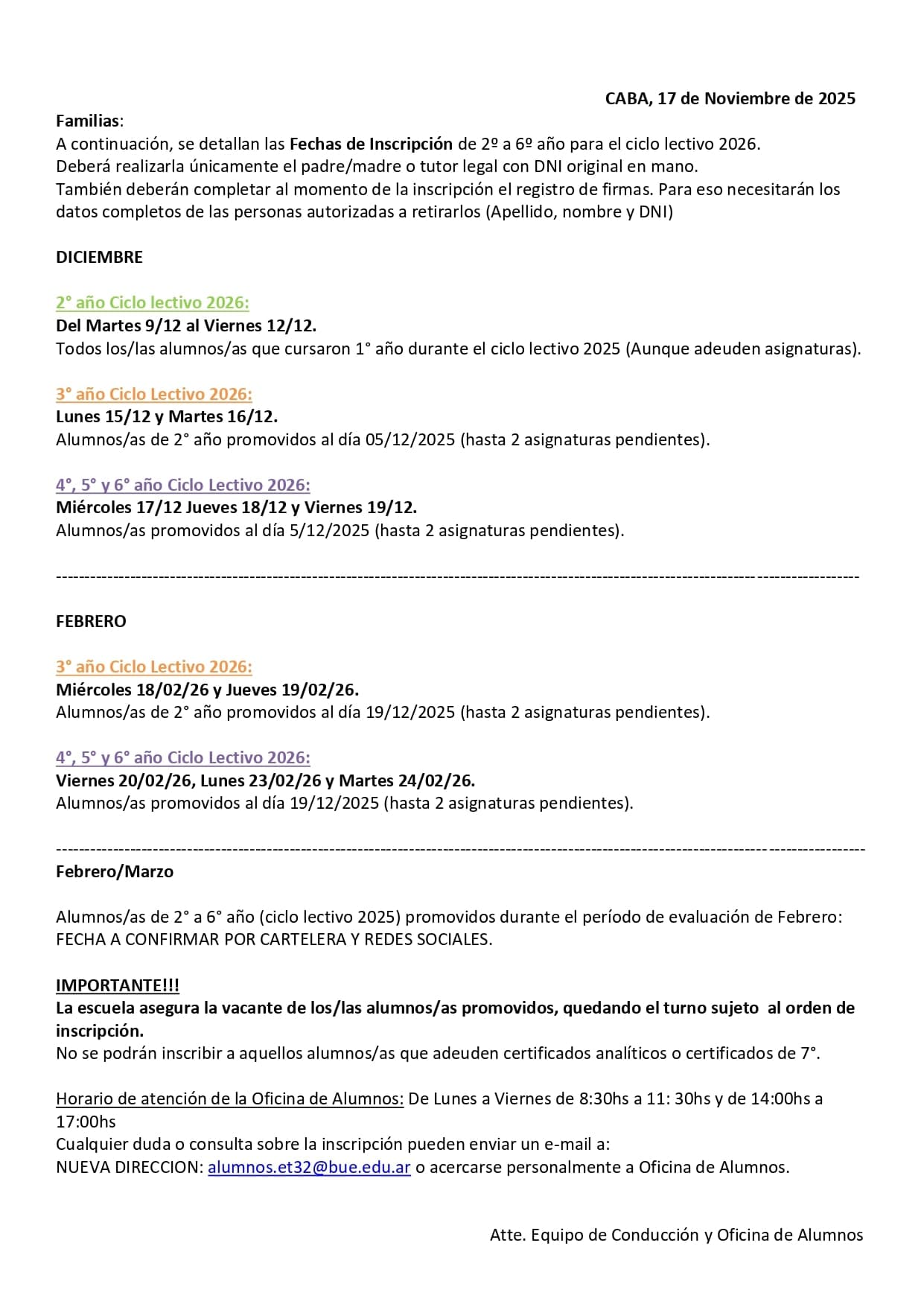 Inscripción de 2° a 6° año - Ciclo Lectivo 2026